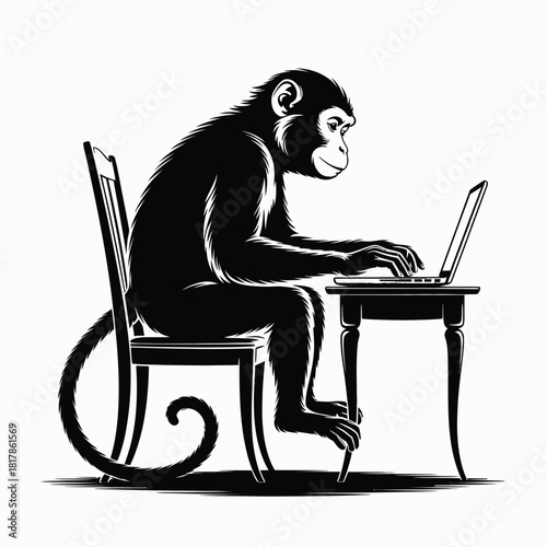 Primate typing on laptop at desk monkey chimpanzee