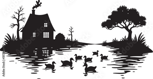 Silhouette of ducks swimming near a house and tree