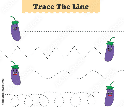 Trace line worksheets for children. Preschool handwriting practice with fruits. Vector illustration
