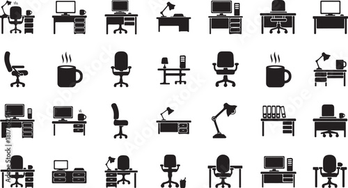Office furniture and workspace icons set.