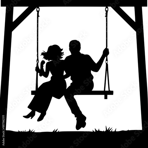 Silhouette of lovers on swing under moonlight for sentimental and poetic artwork