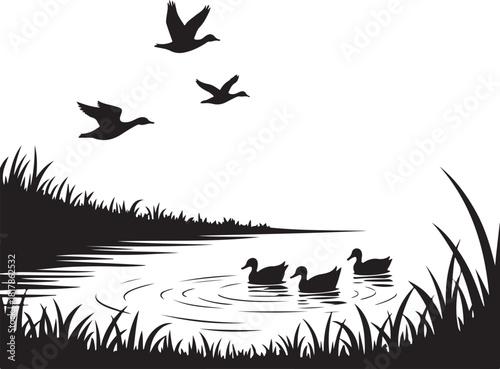 Three ducks flying over lake with three ducks swimming