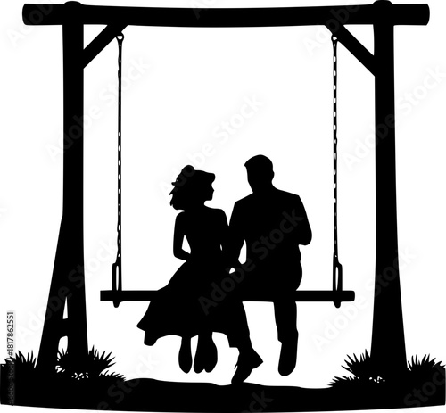Couple sitting on swing silhouette perfect for wedding, romance, or love story design
