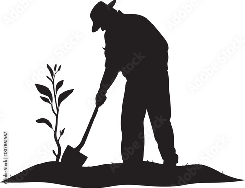 farmer digging hole for tree planting silhouette