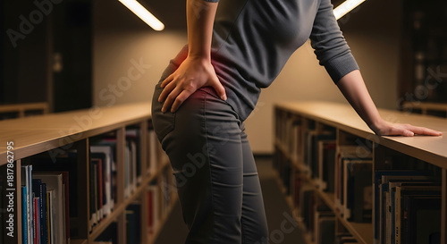 Person suffering from hip pain, holding lower back with hand. Red highlight indicates discomfort and medical issue.