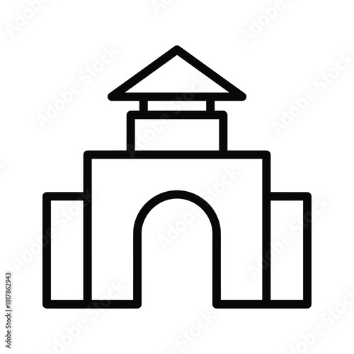 Simple line icon of an abstract building structure with an arched entrance and pointed roof design