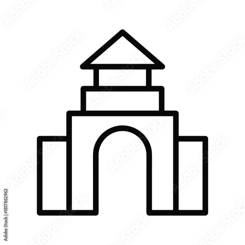Simple black outline icon of a traditional architectural structure featuring an arched doorway and a distinctive pointed roof illustration