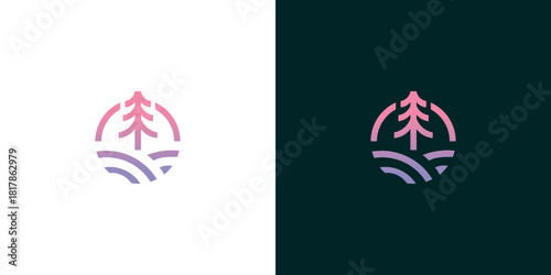 Circular pine tree and undulating landscape logo design in a minimalist style with gradient color palette