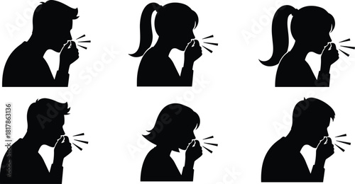 Silhouette people coughing, sick individuals covering mouth, influenza symptoms illustration, respiratory illness concept, health safety icon set, disease awareness.