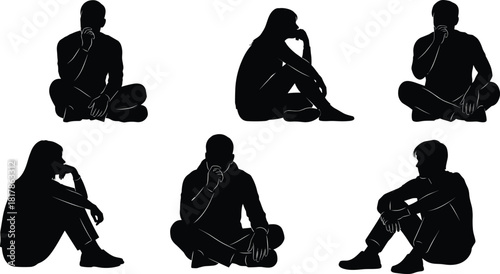 Silhouette, seated, thoughtful, people, contemplation, mindfulness, reflection, calm, pose, sitting, introspection, group, isolated, black, figures, meditation, mood, posture, emotion, serenity