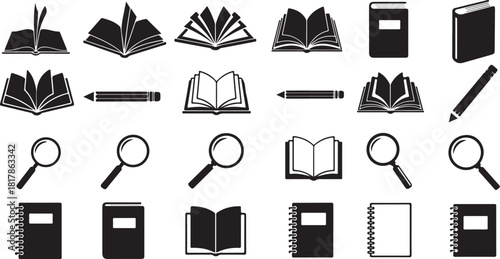 Collection of book and study related icons, including open books, closed books, pencils, magnifying glasses, and notebooks, in black and white.
