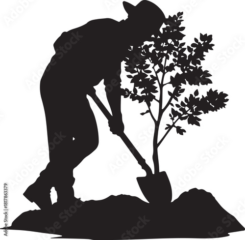 farmer digging hole for tree planting silhouette