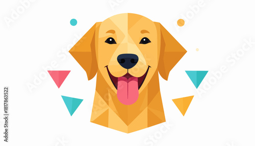 Geometric golden retriever dog head illustration with a happy expression and colorful shapes.