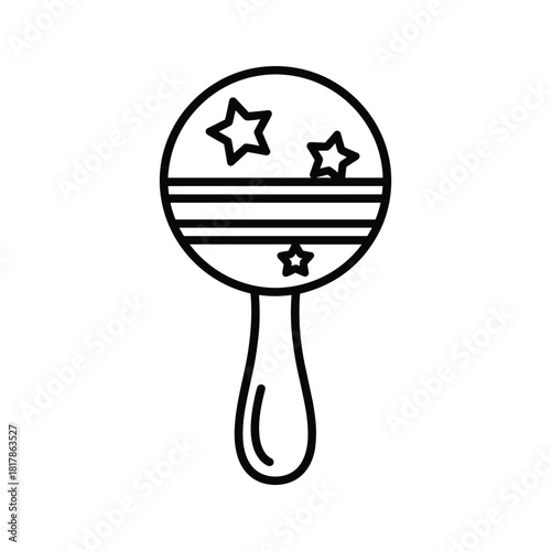 Outline icon of a baby rattle with stars and stripes design, a classic newborn toy for development.