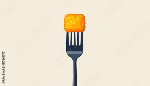 Tater tot on a fork against a plain background.