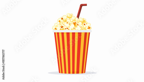 Illustration of a striped popcorn bucket with a straw.