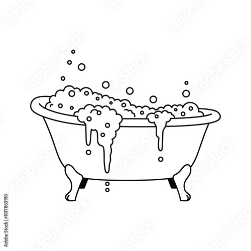 Bathtub full of overflowing bubbles line art illustration, clean, relaxing bath concept, hygiene