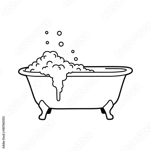 Bathtub icon with overflowing soap bubbles and suds, simple outline vector illustration
