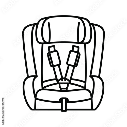 Outline icon of a child car booster seat with five-point harness for baby safety transport
