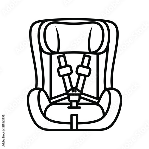 Child car safety seat outline icon. infant vehicle booster with harness line art illustration.