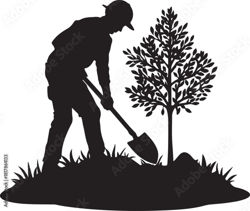 farmer digging hole for tree planting silhouette