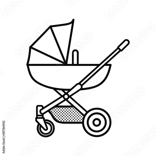 Line art illustration of a classic baby pram with canopy, wheels, and storage basket for infants