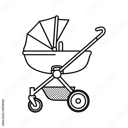 Baby stroller outline icon. infant pram with canopy, wheels, and basket for newborn transportation.