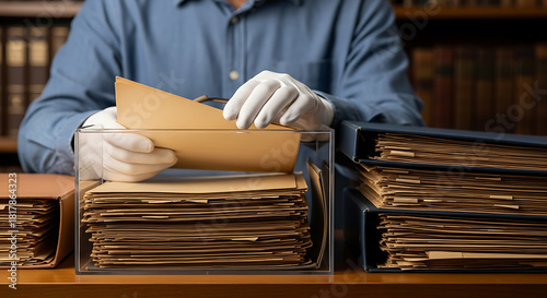Archivist in white gloves carefully preserving historical documents in an archive or library setting.