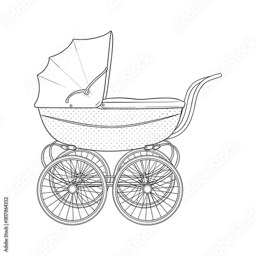 Vintage baby pram line art illustration. classic infant stroller with a protective canopy and ornate wheels.