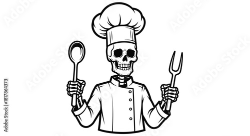 Skeleton Chef Ready to Cook with Spoon and Fork.