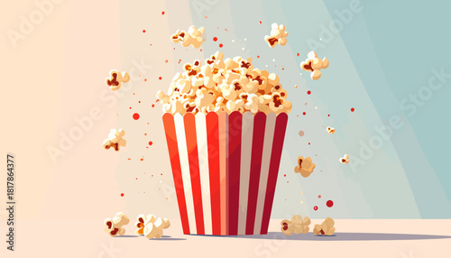 Popcorn in a red and white striped container with scattered kernels.