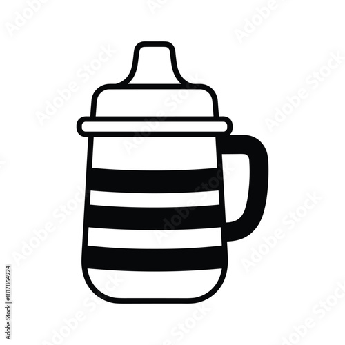 Sippy cup line art illustration, baby bottle with handle and stripes, infant feeding equipment