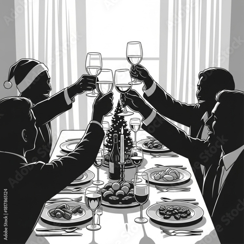 Group of businessmen in suits toasting with wine glasses at a Christmas dinner party.