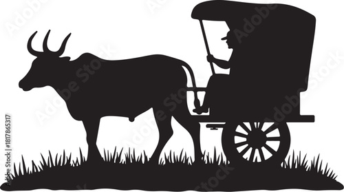 Black silhouette of a bullock cart with a driver in grass