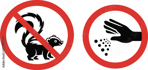 Prohibition signs showing no skunks and no touching particles, bold red warning circles for safety, hazard prevention and caution messaging