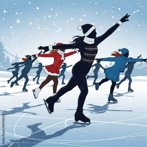 Silhouette of a graceful woman leading a group of friends ice skating outdoors.