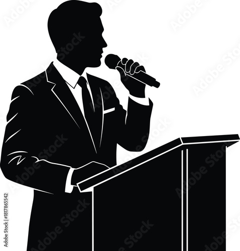 Speaker silhouette, man at podium, public speaking, presenter holding microphone, business speech, conference illustration, leadership talk, formal presentation figure