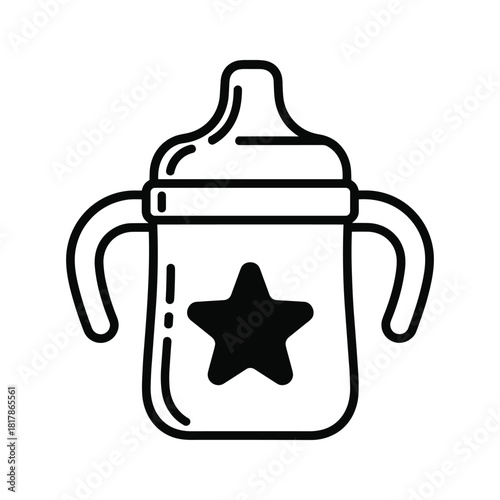 Baby sippy cup icon with star design. outline vector illustration for child care, feeding, and baby concepts