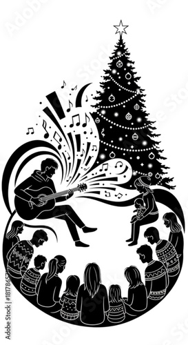Silhouette of a man playing guitar for a crowd at Christmas time.