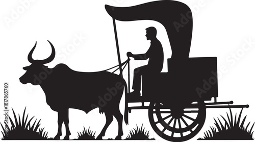 Black silhouette of a bullock cart with a man driving