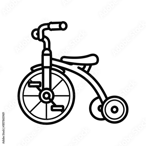 Outline illustration of a child's tricycle with handlebars, seat, and pedals. minimalist black line art for design elements.