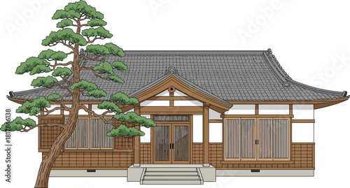 Traditional Japanese wooden house illustration with detailed roof, sliding doors, bonsai pine tree, heritage architecture, cultural building exterior artwork