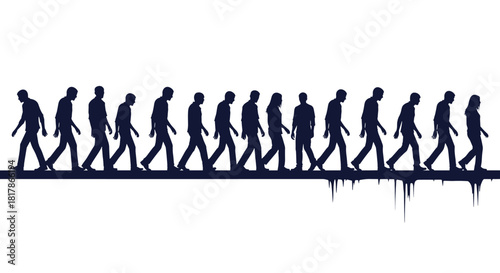 Silhouettes of people and zombies in a line, walking on a decaying, dripping platform against a white background.