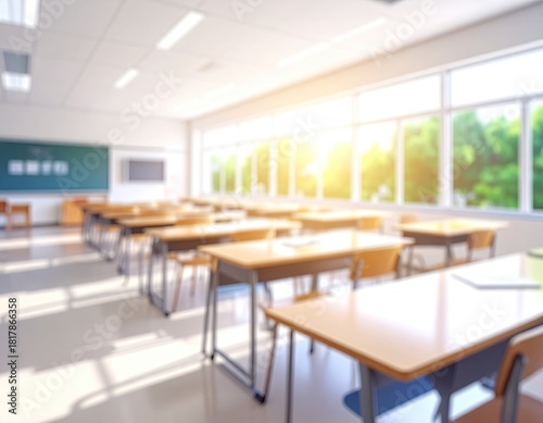 Wallpaper Mural Bright, blurred classroom; rows of desks, green chalkboard Torontodigital.ca
