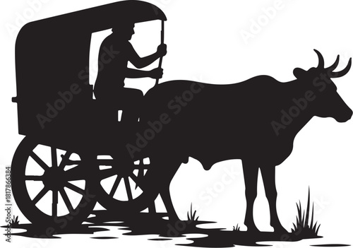 Black silhouette of a man driving a bullock cart ox cart
