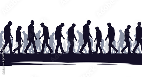 Silhouettes of a diverse crowd walk slowly with bowed heads, conveying a sense of exhaustion, depression, or a march of the downtrodden.
