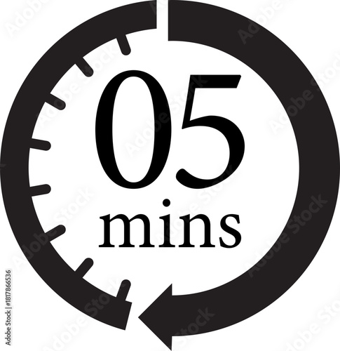 Minute Timer Icon.Minute interval circular arrow vector. Countdown timer symbol.Alarm clock symbol. Watch countdown and Stopwatch sign. Simple express pictogram collection. Label cooking time.