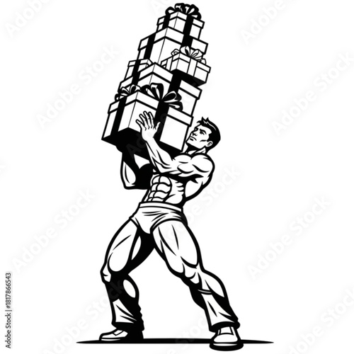 Strong muscular man carrying a towering stack of gift boxes.
