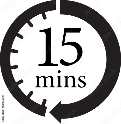 Minute Timer Icon.Minute interval circular arrow vector. Countdown timer symbol.Alarm clock symbol. Watch countdown and Stopwatch sign. Simple express pictogram collection. Label cooking time.
