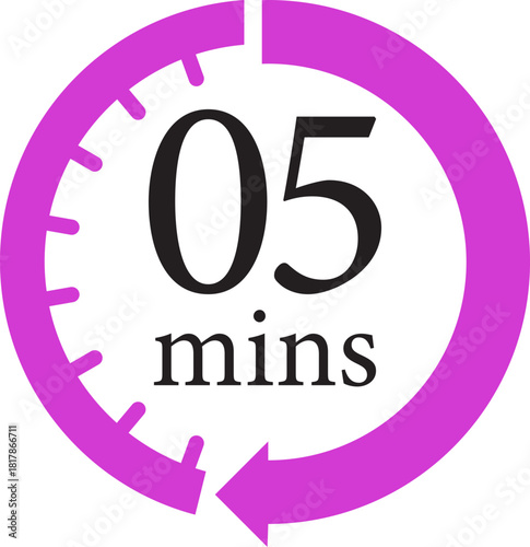 Minute Timer Icon.Minute interval circular arrow vector. Countdown timer symbol.Alarm clock symbol. Watch countdown and Stopwatch sign. Simple express pictogram collection. Label cooking time.